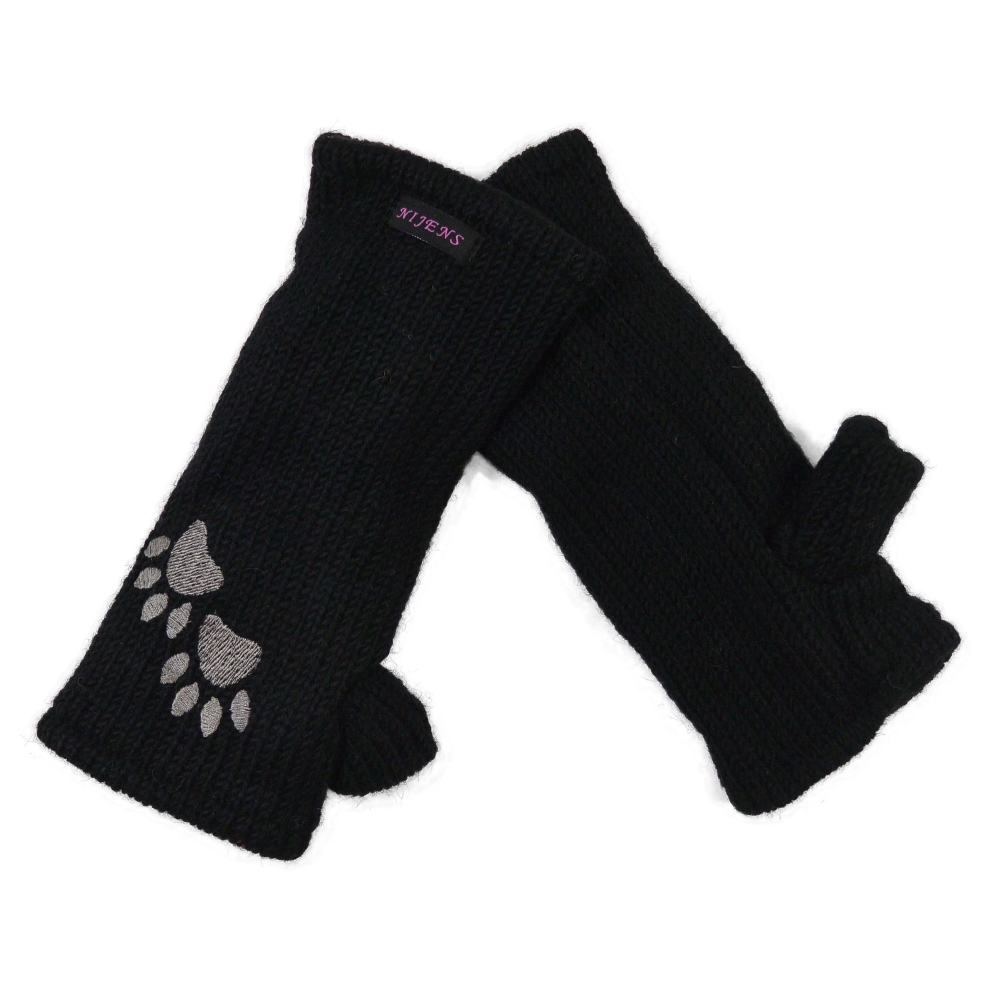 Schwarze Pulswärmer mit Daumen aus Schurwolle und grauer Pfotenstickerei – warm gefüttert mit Fleece, ideal für Herbst und Winter