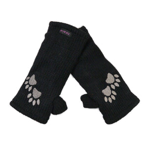 Schwarze Pulswärmer mit Daumenloch aus Schurwolle, mit grauen Pfoten bestickt – weiche Handstulpen für Gassigehen und Hundetraining