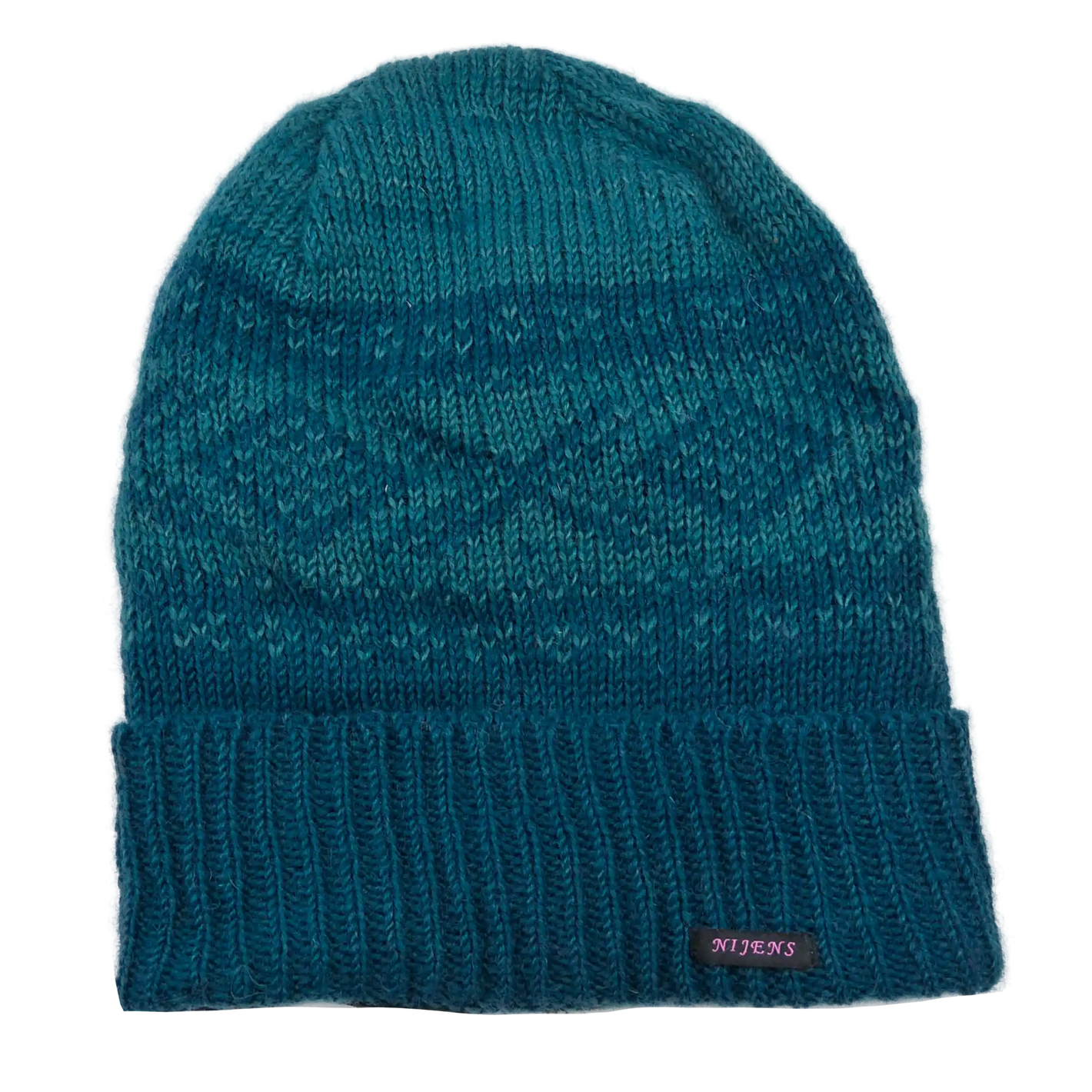 Handgestrickte Long Beanie Mütze aus Schurwolle. Zweifarbiges Norweger-Strickmuster Hell-Dunkelblau.