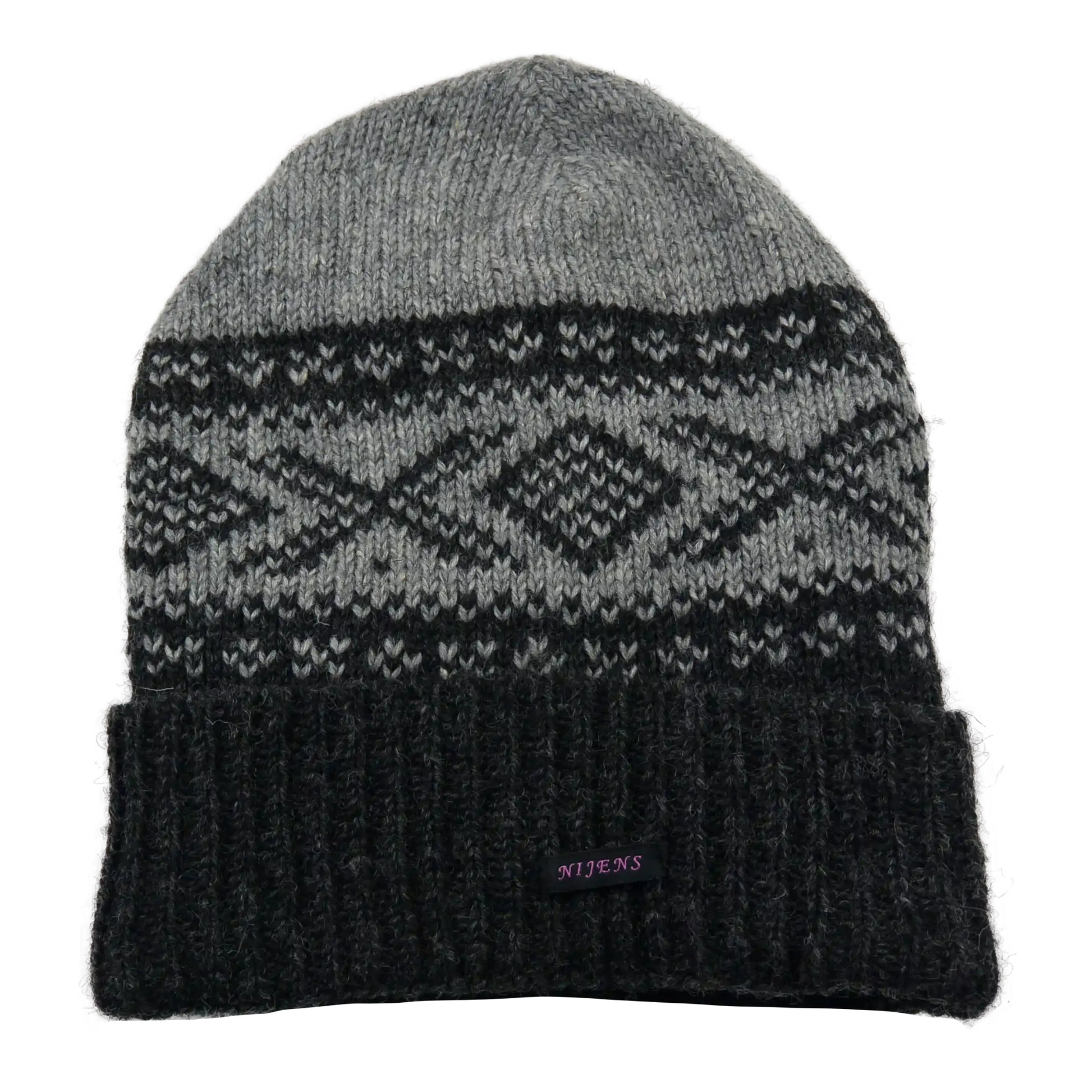 Handgestrickte Long Beanie Mütze aus Schurwolle. Zweifarbiges Norweger-Strickmuster Schwarz, Grau.