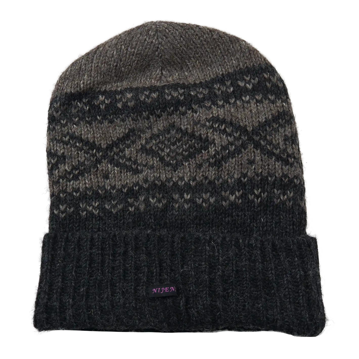 Handgestrickte Long Beanie Mütze aus Schurwolle. Zweifarbiges Norweger-Strickmuster Anthrazit, Graubraun.