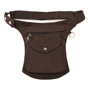Gassi-Tasche, Bauchtasche aus robustem Baumwollstoff in braun. Diese Gürteltasche hat zwei Reißverschlussfächer vorne sowie ein Einsteckfach, welches durch einen Überschlag und Druckknopf verschlossen wird. Auf der hinteren Seite befindet sich ein weiteres Reißverschlussfach. An der Seite des Taschengurtes befindet sich ein kleiner Metallring zum Anhängen kleiner Beuteltaschen.