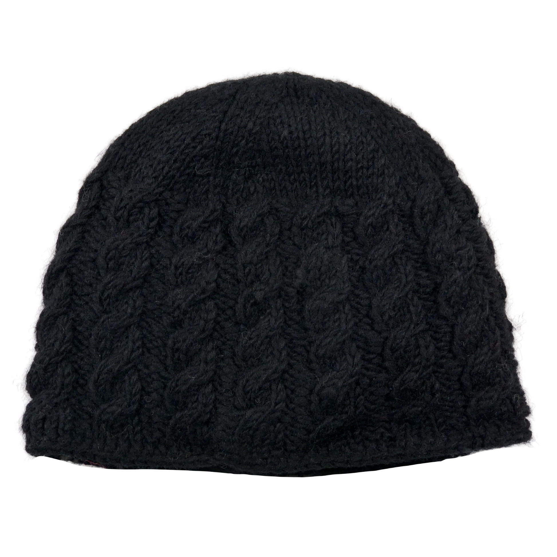 Kurze hangestrickte Beanie Mütze mit Zopf-Strickmuster aus Schurwolle, Schwarz. Innenfutter Fleece.