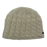 Kurze hangestrickte Beanie Mütze mit Zopf-Strickmuster aus Schurwolle, Naturweiß. Innenfutter Fleece.