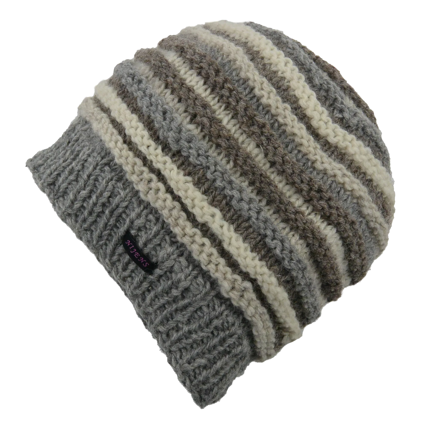 Rippenmütze, handgestrickte Wollmütze aus 100% Schurwolle mit farblich unterschiedlichem Rippenstrick. Hellgrau, Naturweiß, Graubraun.