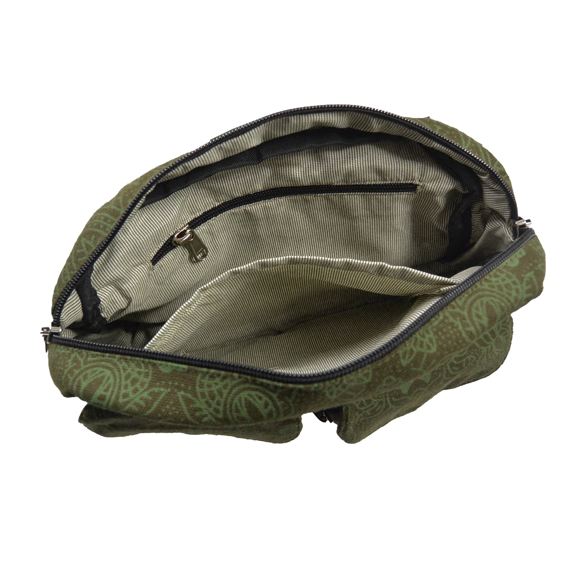 Gassitasche, Bauchtasche sowie Umhängetasche aus Canvasstoff Olivgrün mit floralen Ornamenten und zwei Einsteckfächern im Hauptfach.