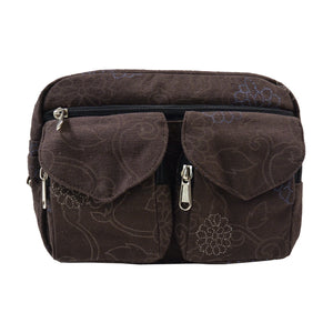 Gassi-Tasche, Bauchtasche sowie UmhĂ€ngetasche aus Canvasstoff, Braun mit floralen Ornamenten, ReiĂverschlussfach vorne mit zwei aufgesetzten, auswaschbaren LeckerliefĂ€chern.
