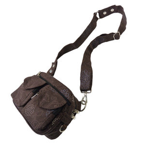 Bauchtasche sowie UmhĂ€ngetasche aus Canvasstoff, Braun mit floralen Ornamenten, ReiĂverschlussfach vorne mit zwei aufgesetzten, auswaschbaren LeckerliefĂ€chern.