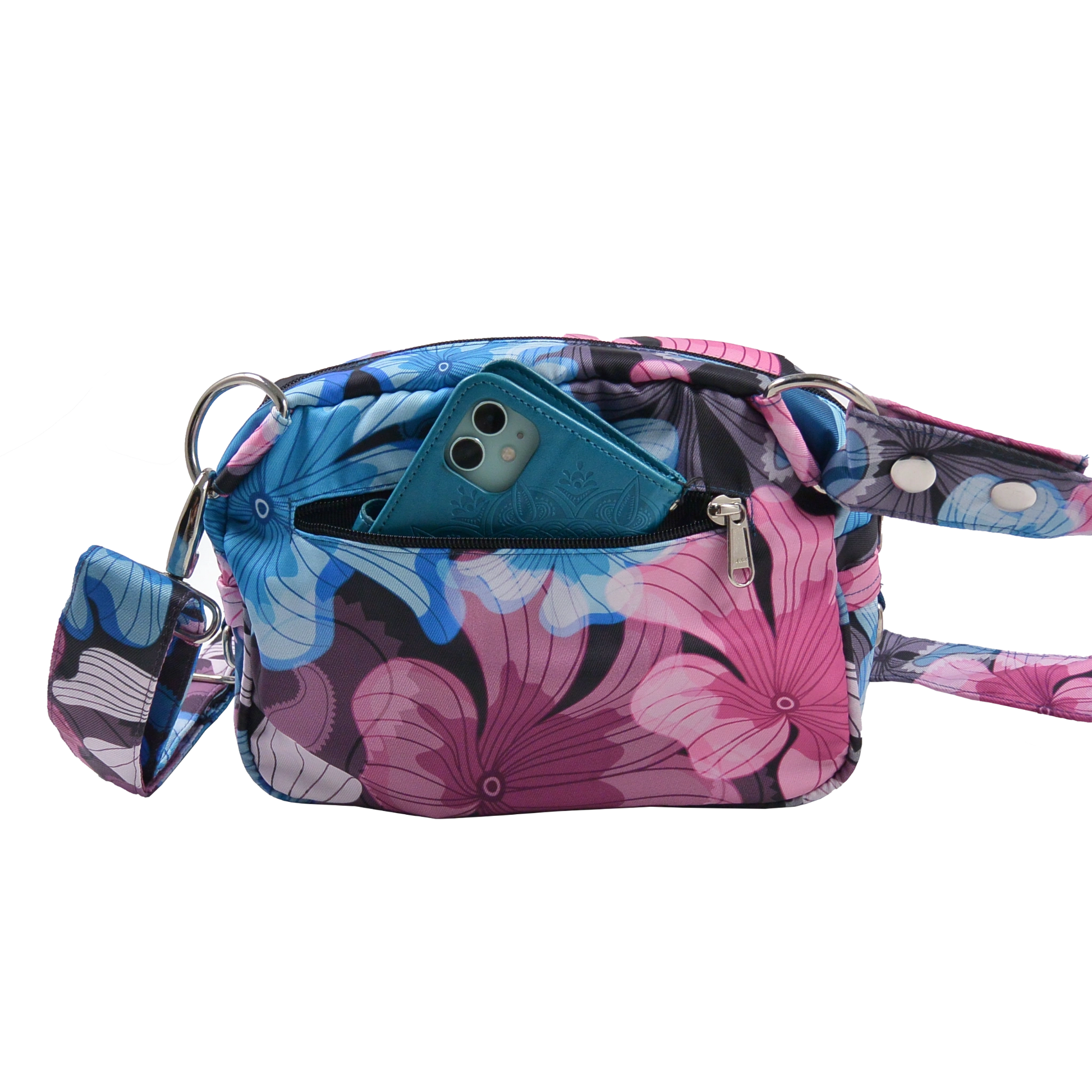 Gürteltaschen aus Stoff mit floristischem Aufdruck Rosa-Blau - Handy-Tasche Nijens Shop