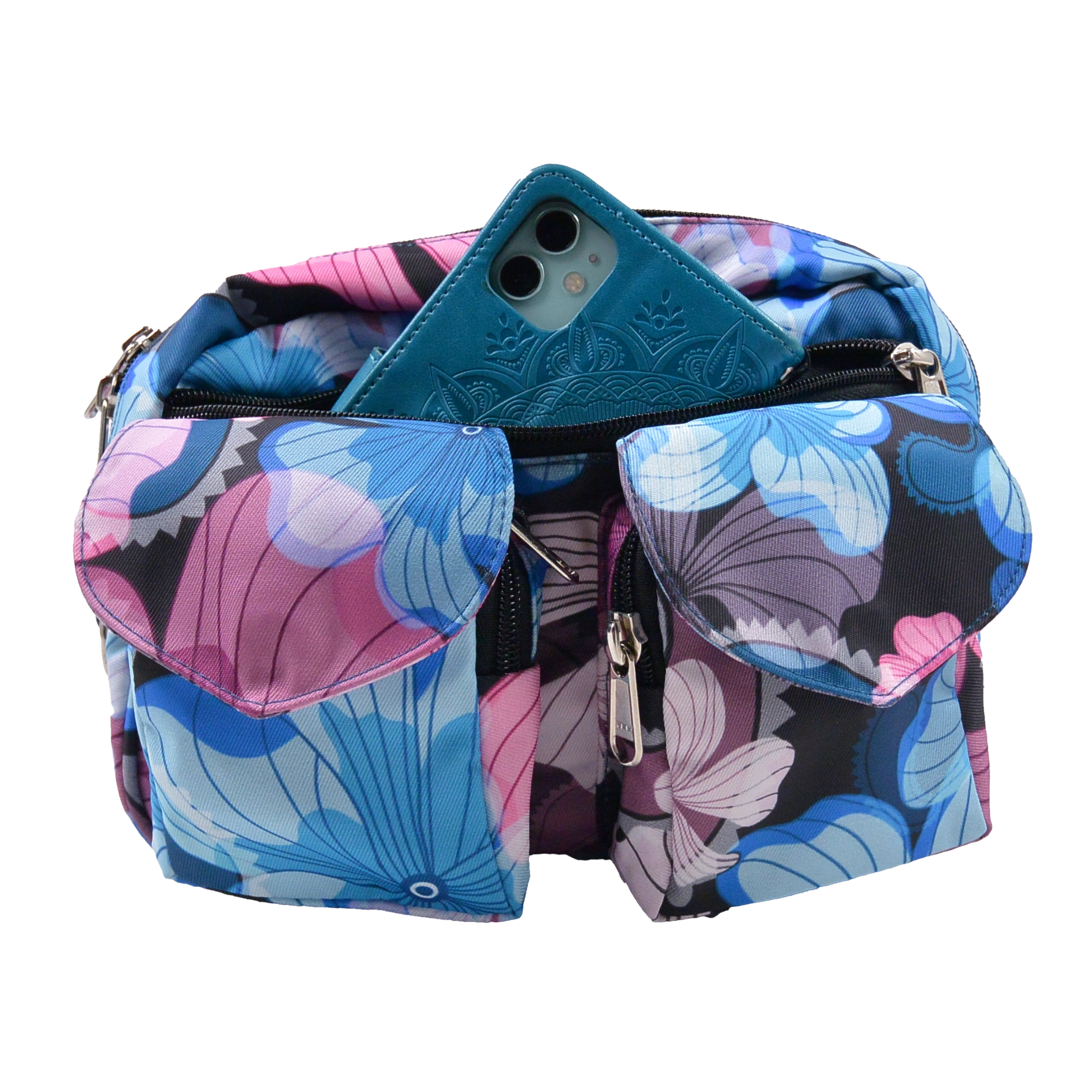 Gürteltaschen aus Stoff mit floristischem Aufdruck Rosa-Blau - Beltbag, Handy-Tasche Nijens Shop