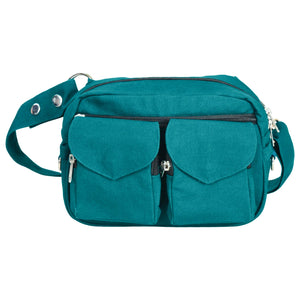 Gassi-Tasche, Bauchtasche sowie UmhĂ€ngetasche aus Canvasstoff, Hellblau, und ReiĂverschlussfach vorne mit zwei aufgesetzten, auswaschbaren LeckerliefĂ€chern