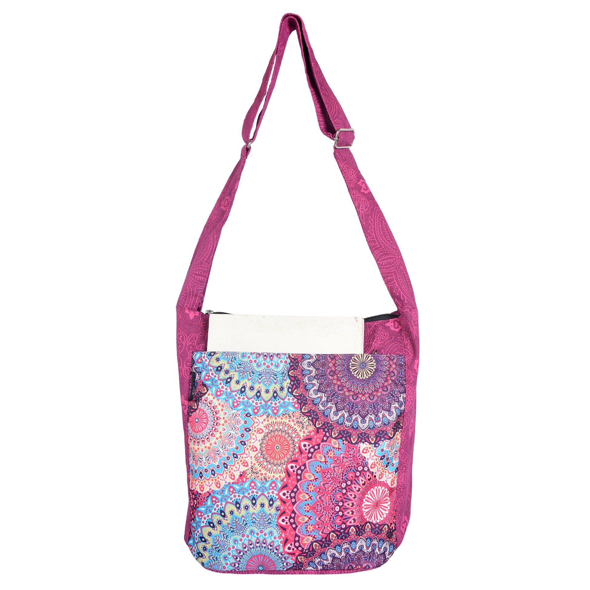 Shopper aus Canvas mit mehrfarbigem Mandala-Muster in Rosa-Türkis und verstellbarem Schultergurt, Vorderansicht.