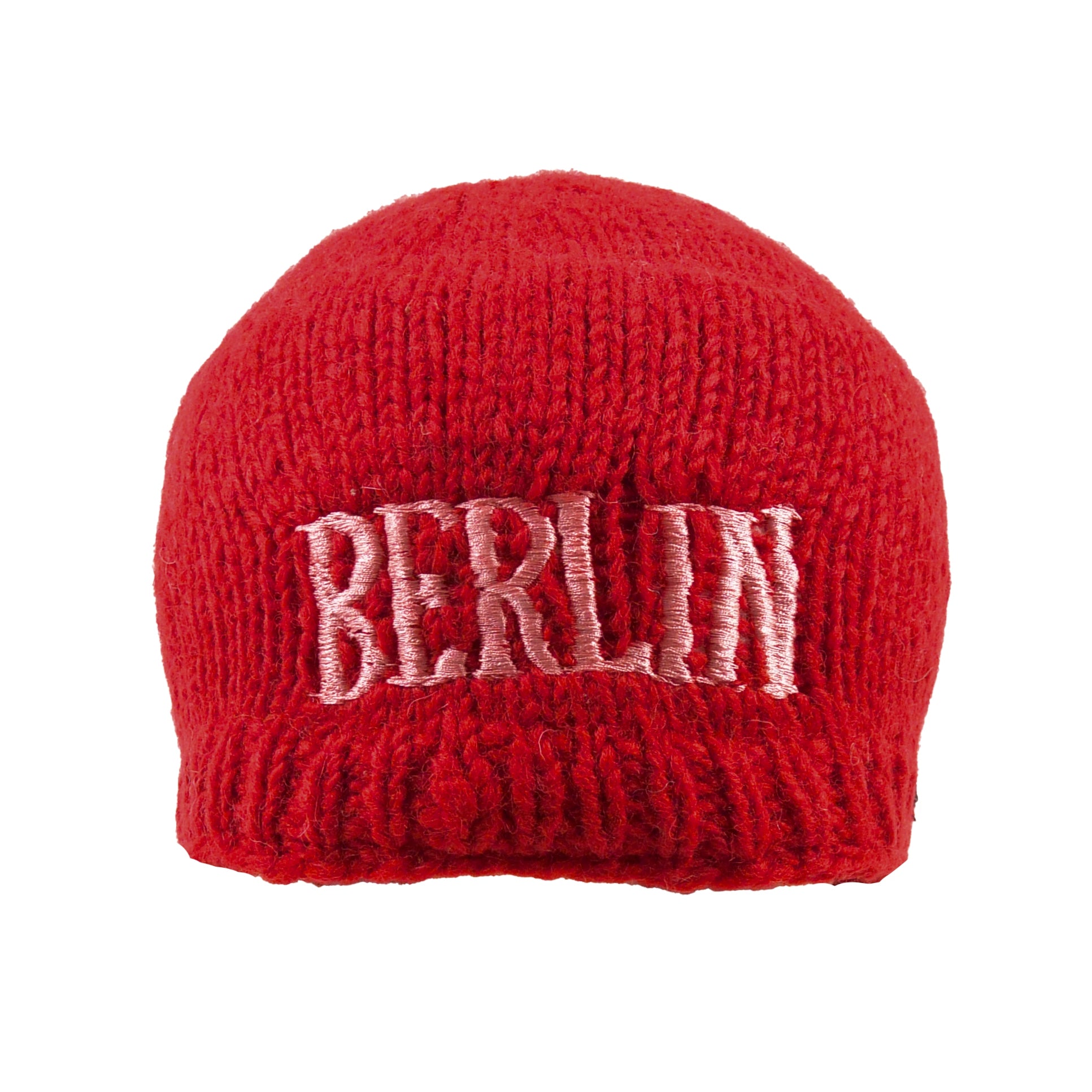 Strickmütze aus Schurwolle, Feuerrot, bestickt mit Berlin-Logo und Fleeceeinsatz.