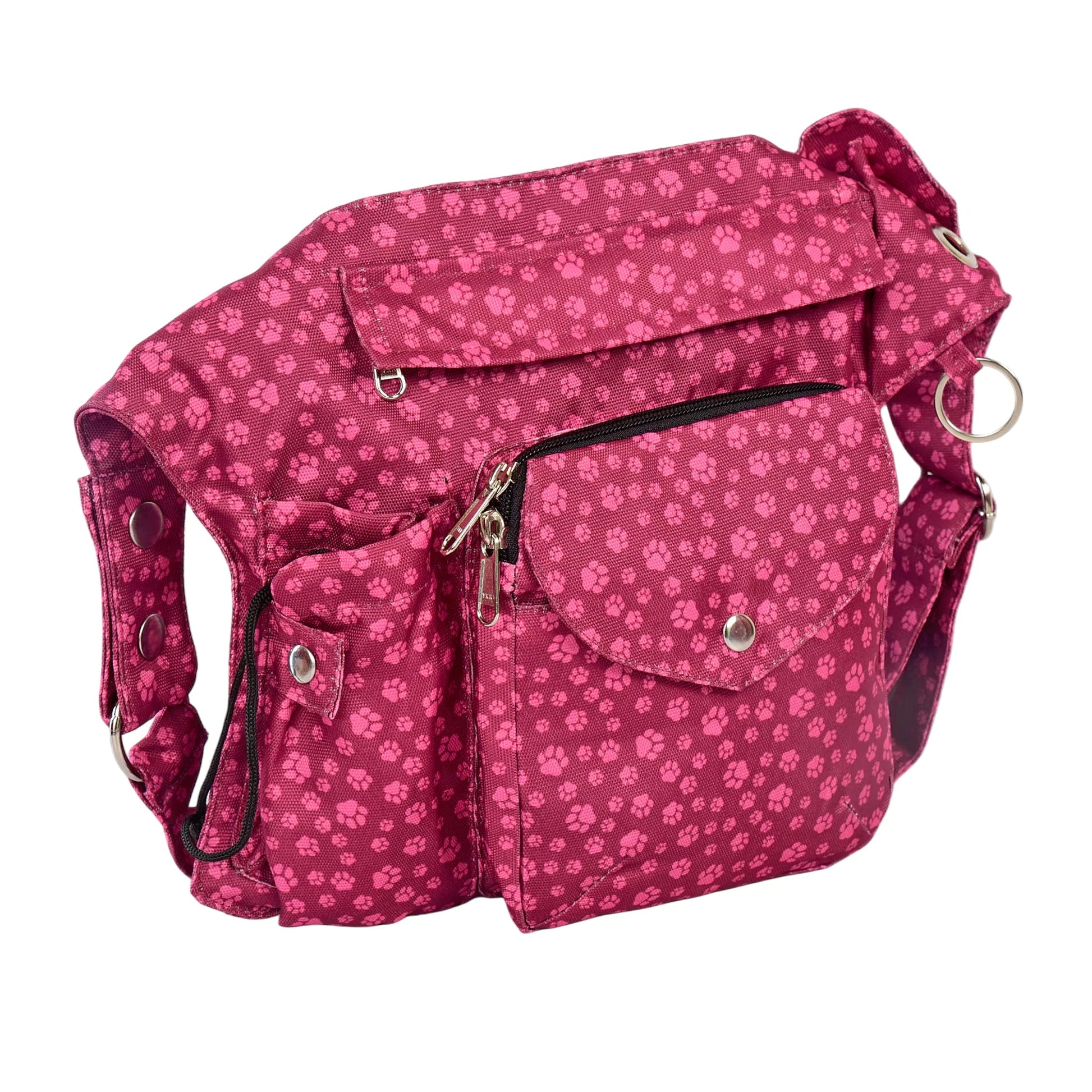 Magentafarbene Gassitasche im Pfotendesign mit vielen Fächern und einer extra Flaschenhalterung und einem Fach mit Öse zur Aufbewahrung von Hundekotbeuteln - Brandenburg 71053 Nijens Shop