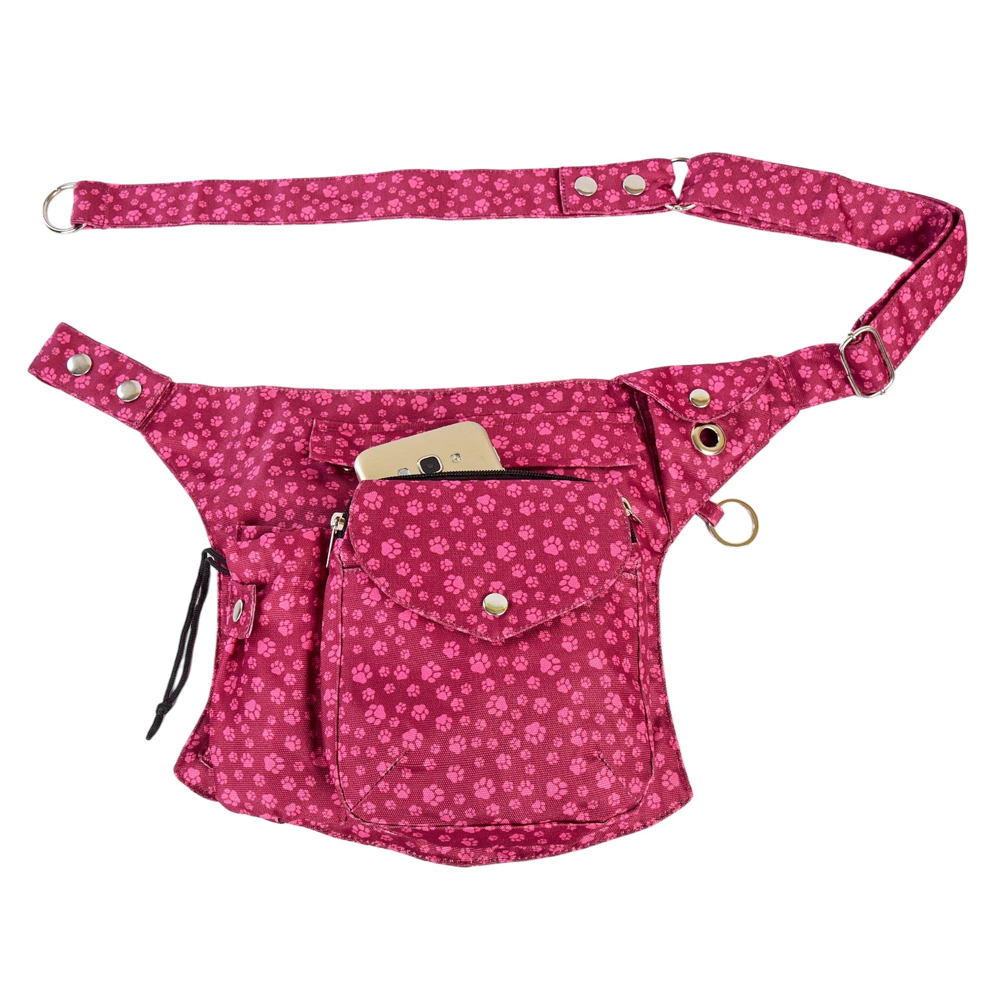 Wasserabweisende Gassitasche in magenta mit Pfotendruck und herausragendem Smartphone zeigt die praktische Alltagsnutzung - Brandenburg 71053 Nijens Shop