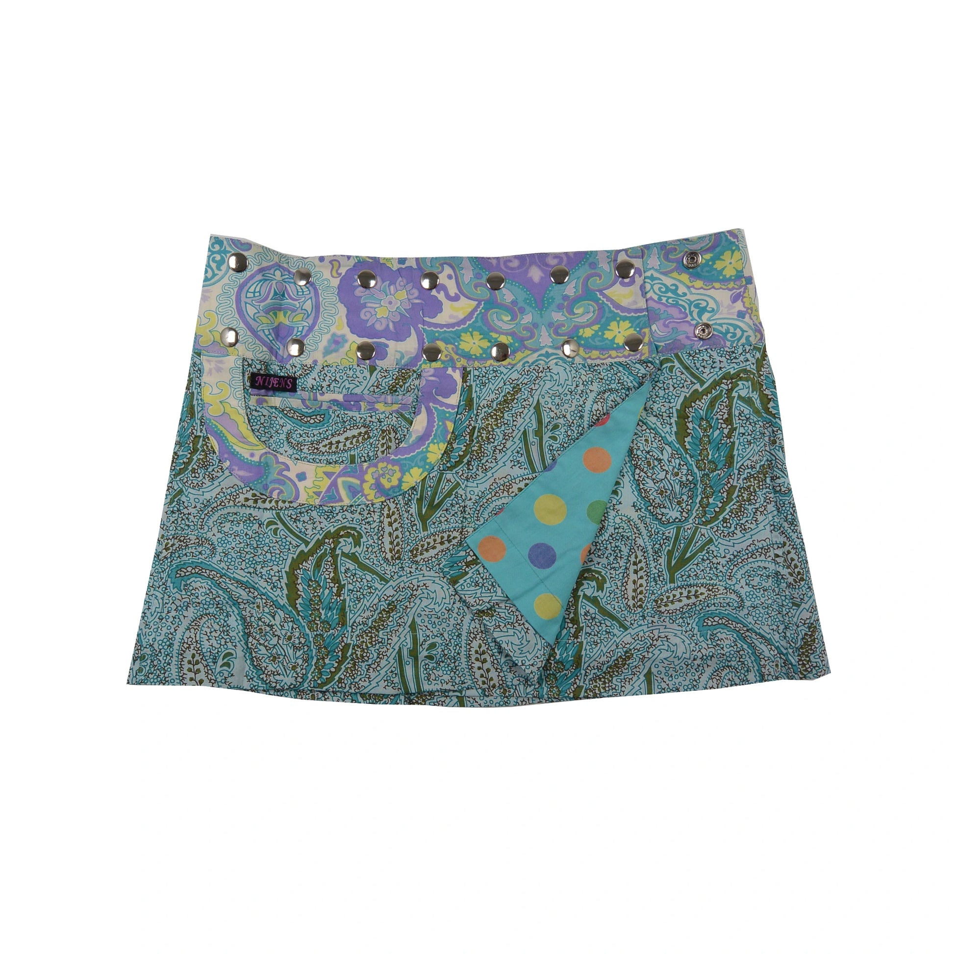 Sommerrock Wenderock Minirock Baumwollstoff Hellblau, Lila mit Paisley Muster.