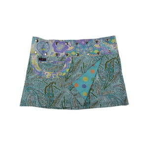 Sommerrock Wenderock Minirock Baumwollstoff Hellblau, Lila mit Paisley Muster.