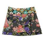 Sommerrock Baumwolle bunt/schwarz mit Blumenmuster und Tasche. Tragbar von zwei Seiten. Umfang ist einstellbar mit einer doppelten Druckknopfleiste.