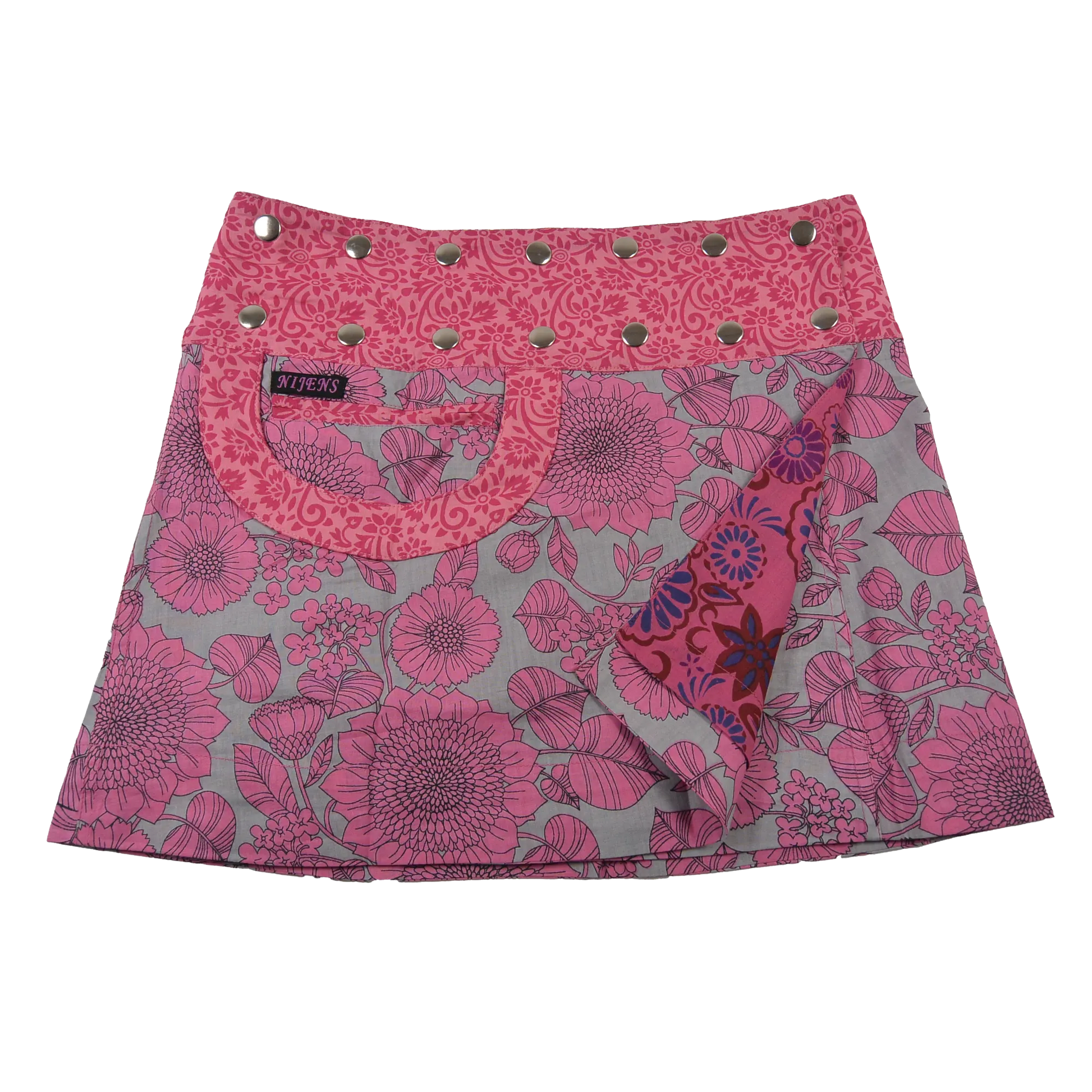 Sommerrock, Baumwolle, Pink mit Blumen und Tasche. Tragbar von beiden Seiten. Umfang ist einstellbar mit einer doppelten Druckknopfleiste am Rockbund „Rosa mit floralem Muster“.