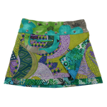 Sommerrock Baumwolle Grün/violett mit gepunkteten Mustern und Tasche. Tragbar von zwei Seiten. Umfang ist einstellbar mit einer doppelten Druckknopfleiste.