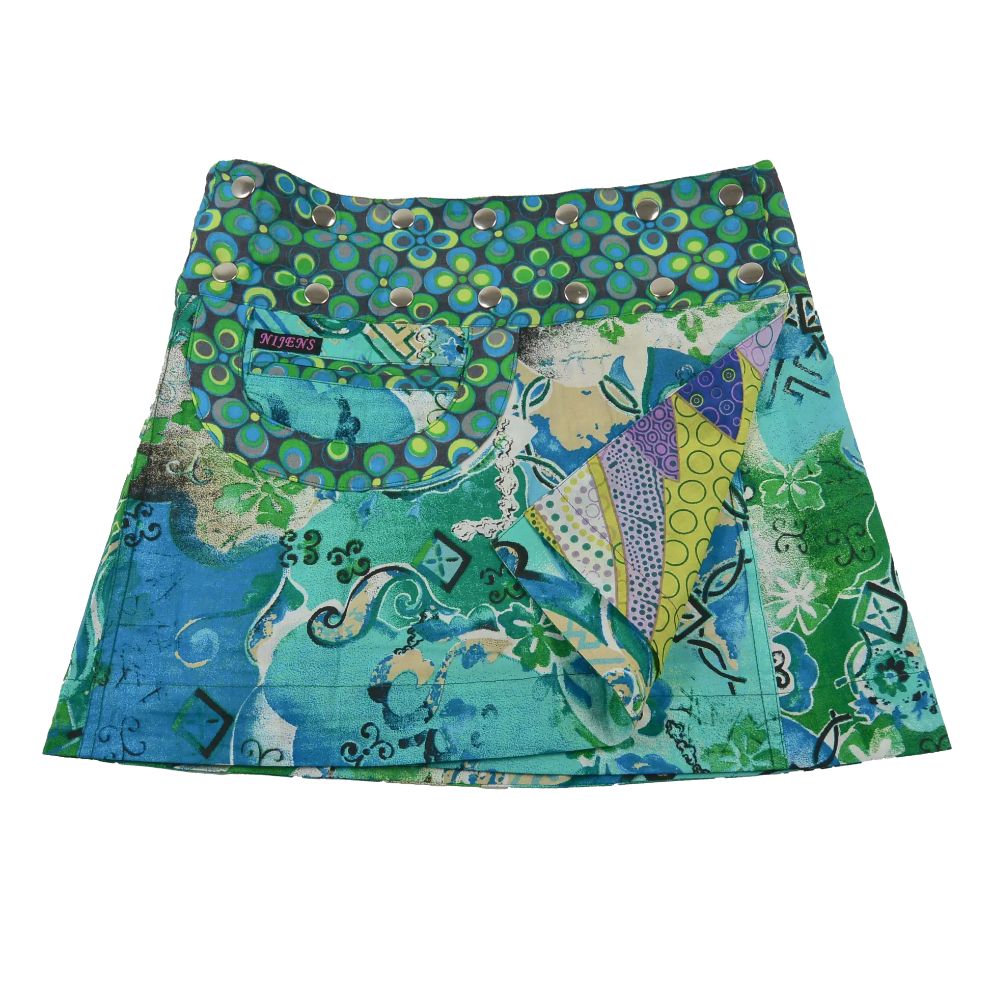 Sommerrock Baumwolle, Türkis/Blaue Muster mit Tasche. Tragbar von beiden Seiten. Umfang ist einstellbar mit einer doppelten Druckknopfleiste am Rockbund „schwarz mint Grün/blauen Retro Blumen “.