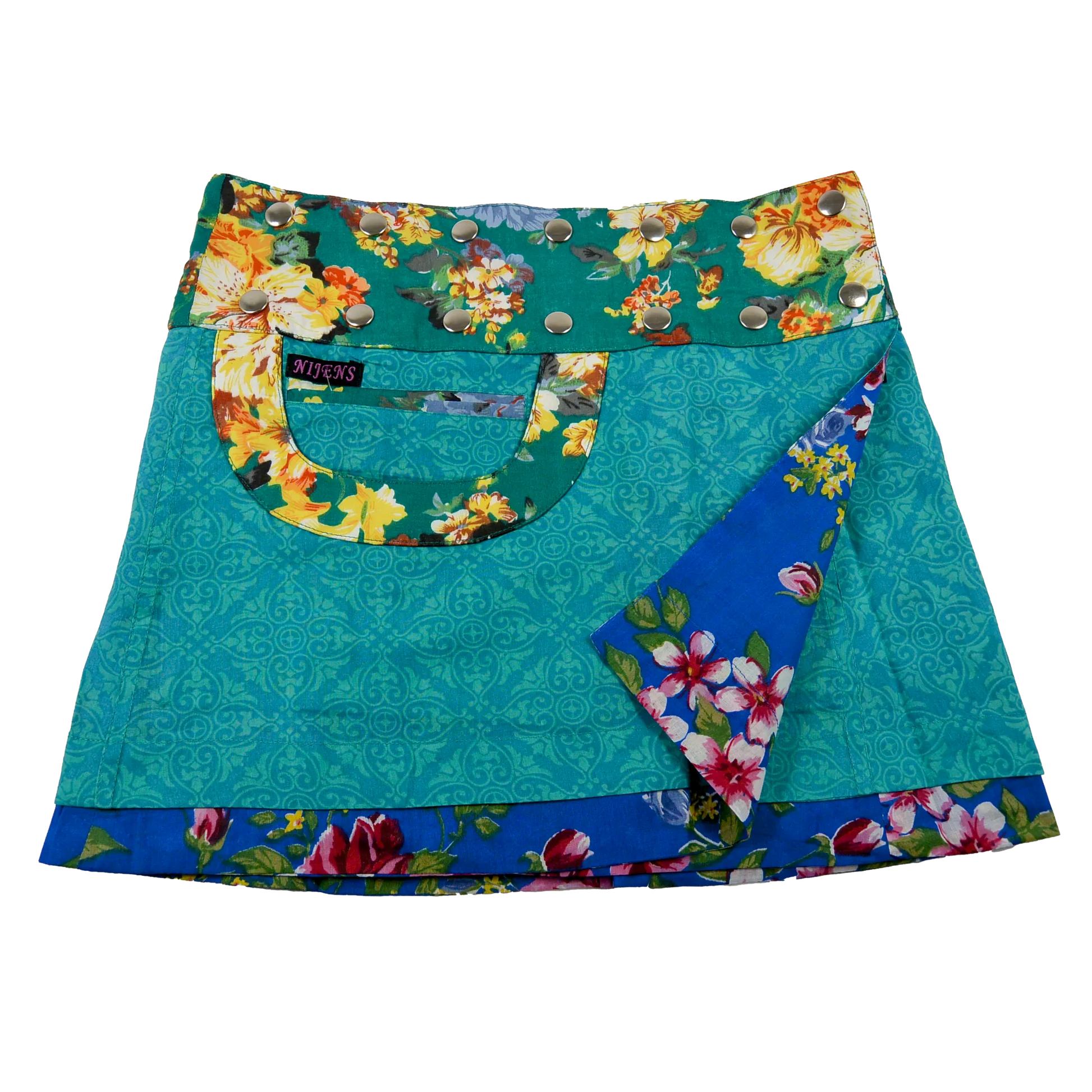 Sommerrock Baumwolle Blau/Türkis mit Mustern und Tasche. Tragbar von zwei Seiten. Umfang ist einstellbar mit einer doppelten Druckknopfleiste.