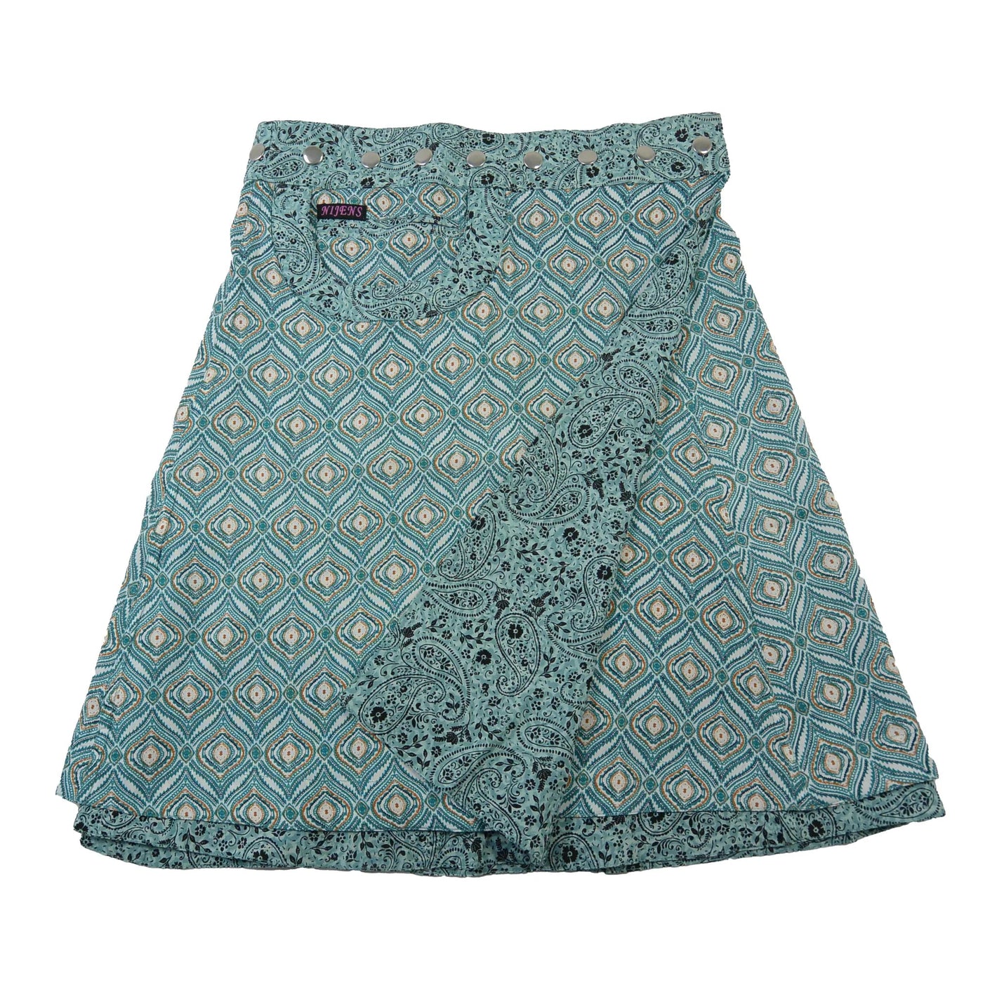 Beidseitig tragbarer Wickelrock mit Eingriffstasche und Einsteckfach aus Baumwolle in Türkis mit Retro Muster- und Paisley. Rockbund ist mit einer Druckknopfleiste einstellbar.