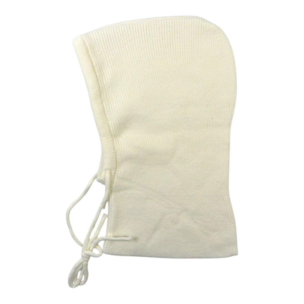 Nijens Balaclava Kapuzenschal in Weiß mit Kordelzug und breitem Halsbereich. Seitenansicht.
