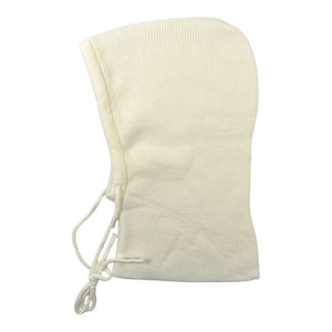Nijens Balaclava Kapuzenschal in Weiß mit Kordelzug und breitem Halsbereich. Seitenansicht.