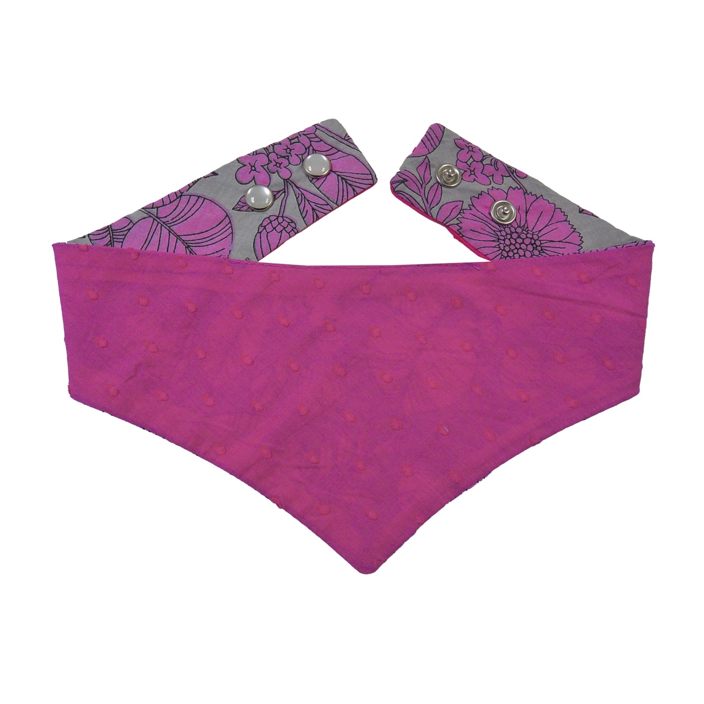 Dreieckige Hundehalstuch mit Glas-Druckknöpfen, Stoff Halstuch mit Floralen Motiven Rosa-Magenta.