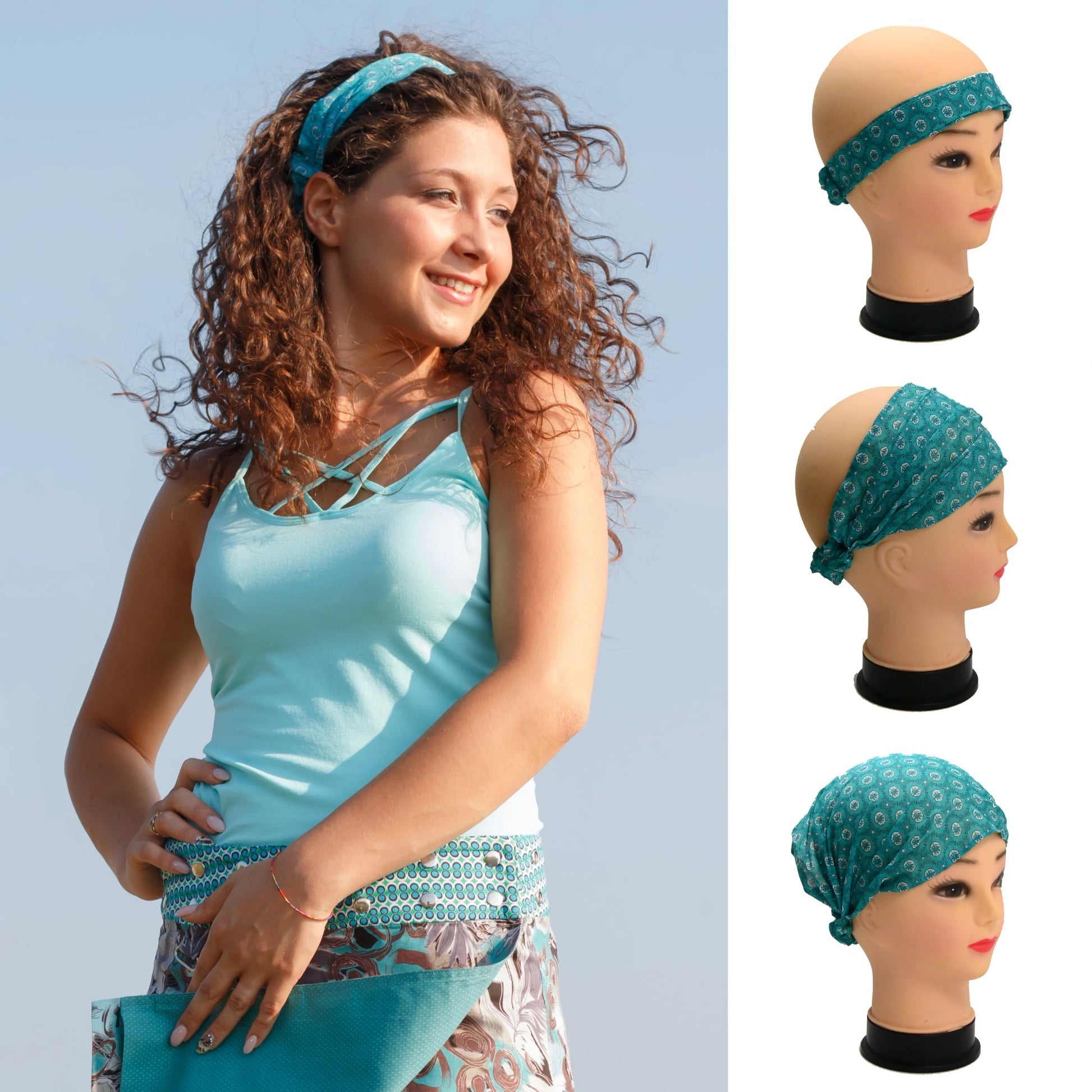 Türkisfarbenes Stoff-Haarband aus Baumwolle im Ethno-Style – getragen am Model und als Produktansicht von Nijens