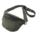 Bauchtasche sowie Crossbodybag aus Cordstoff, Lodengrün, mit einem Hauptfach und einem Reißverschlussfach vorne.