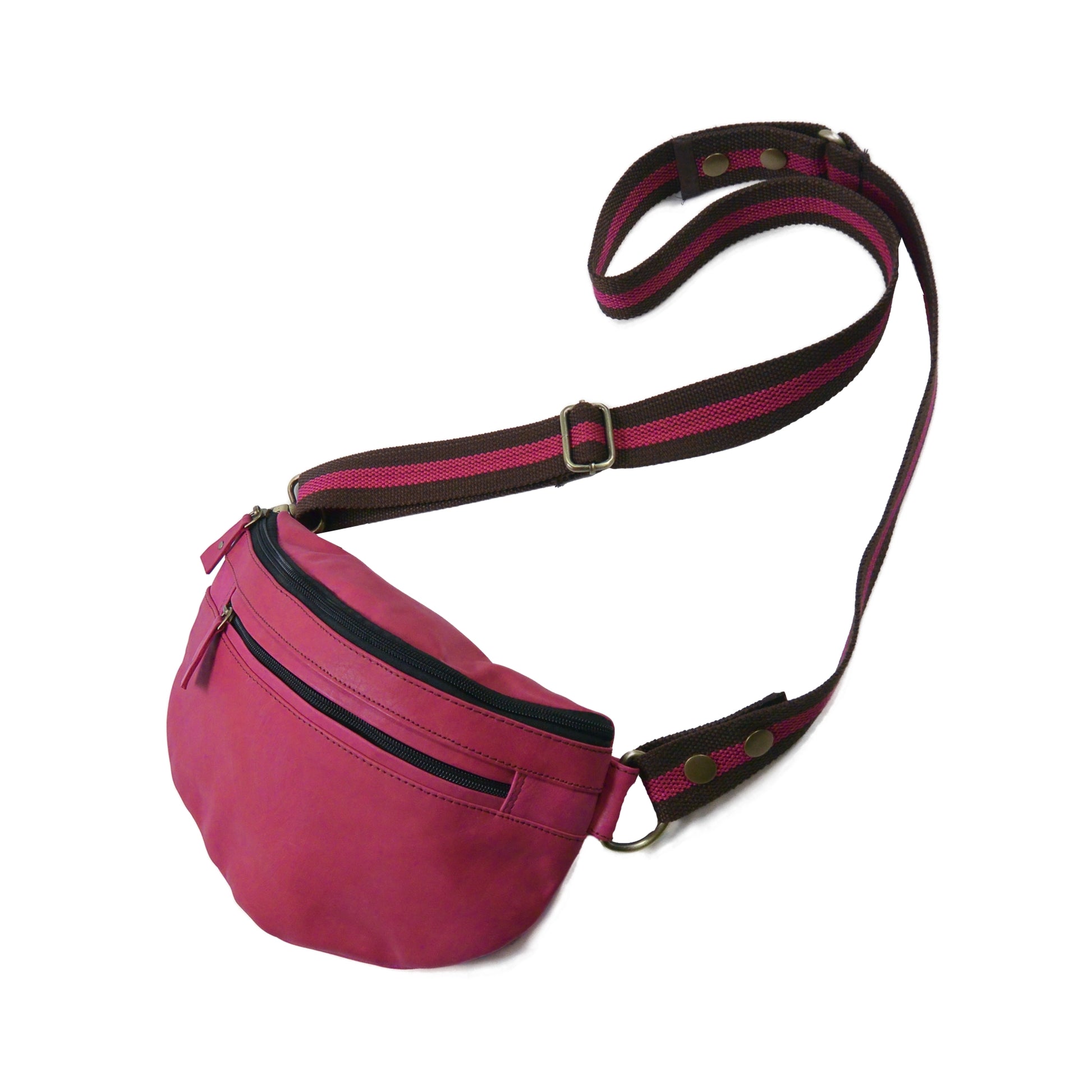 Seitenansicht: Crossbody-Bag sowie Bauchtasche aus Leder, Pink, mit einem Hauptfach und einem Reißverschlussfach vorne.