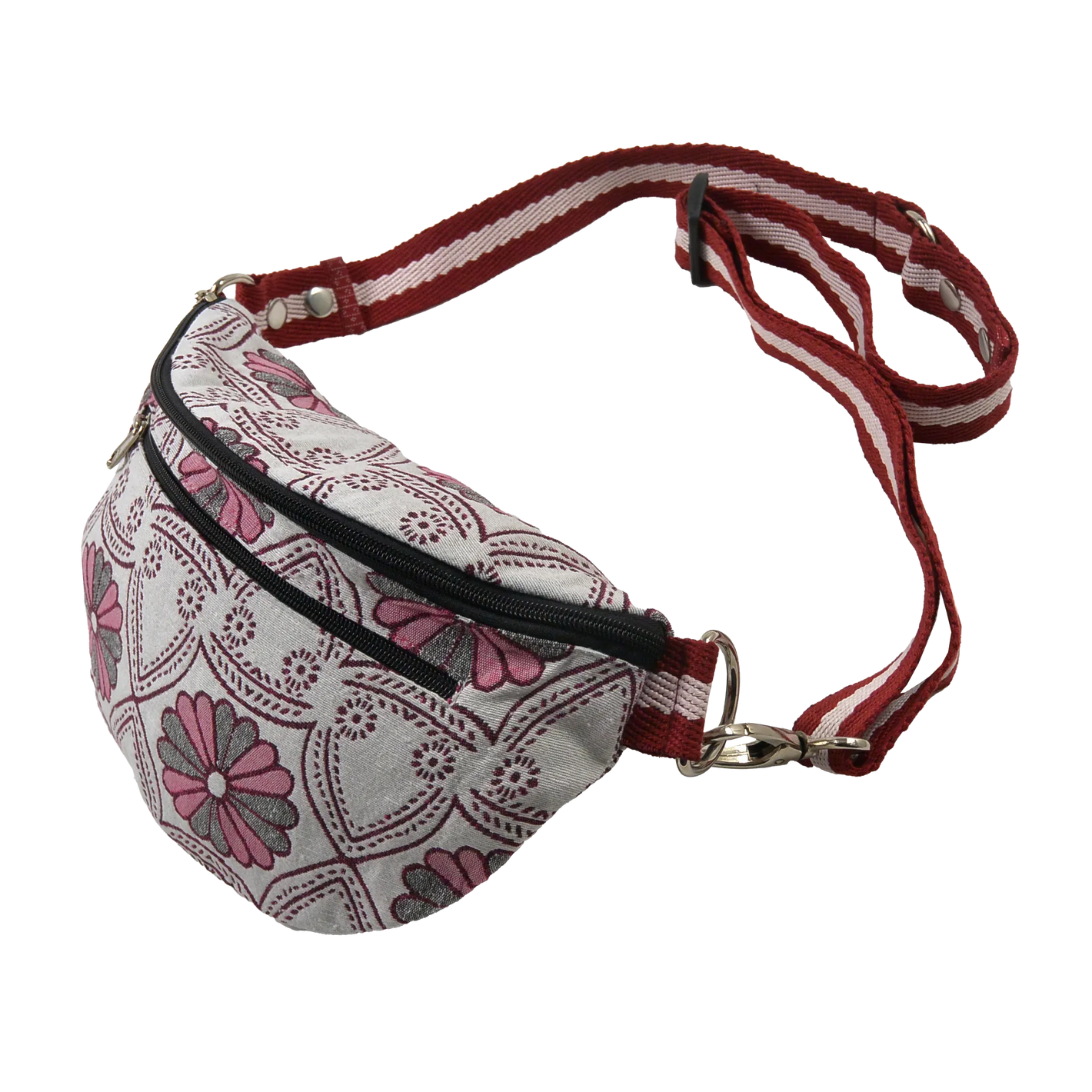 Bauchtasche sowie Crossbodybag aus Dari-Stoff mit Blumenmotiv und Ornamenten. Großes Hauptfach und ein Reißverschlussfach vorne.