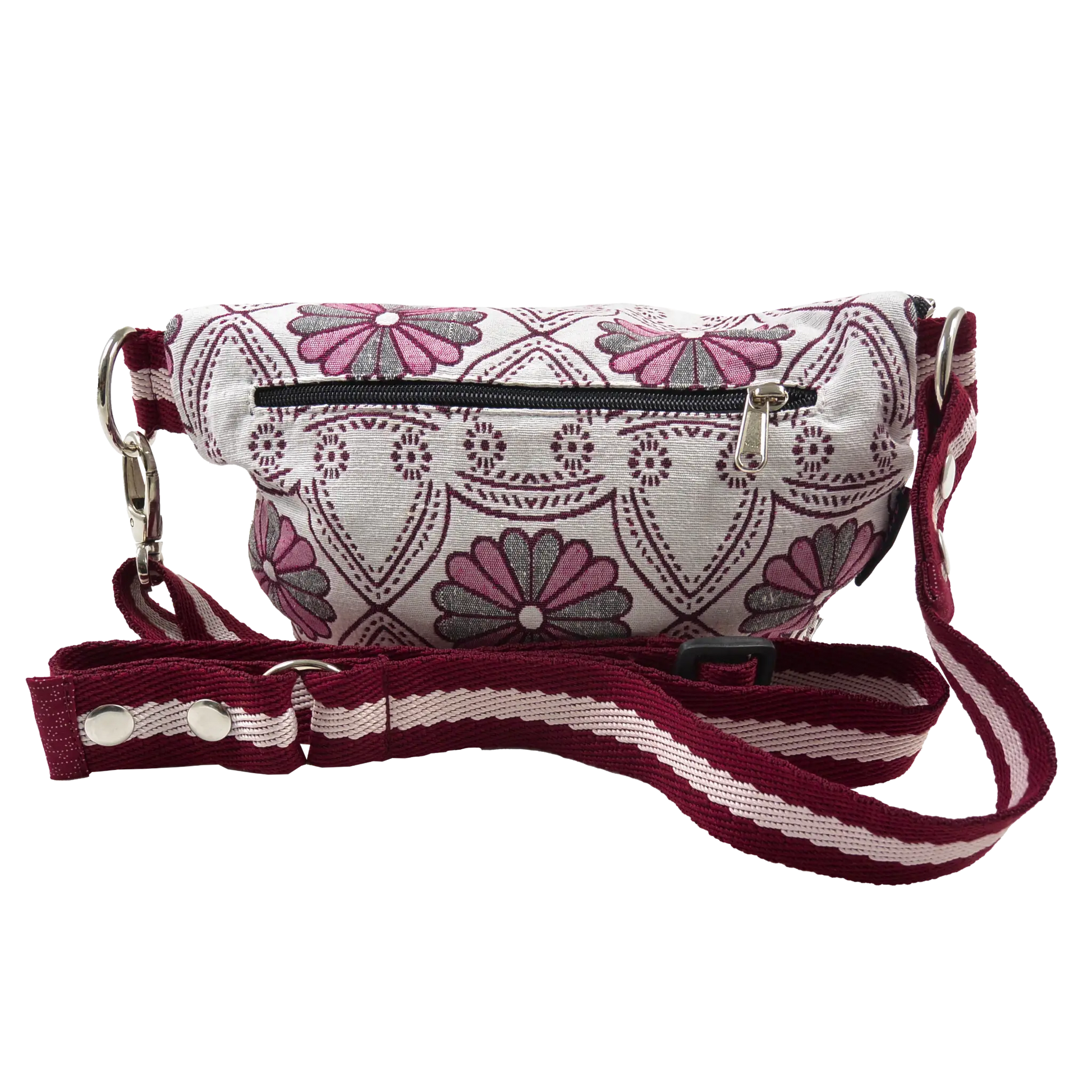 Beltbag Multicolor, White, Grey, RosaDari HandcraftedBauchtasche sowie Crossbodybag aus Dari-Stoff mit Blumenmotiven und Ornamenten mit einem Reisverschlussfach auf der hinteren Seite.