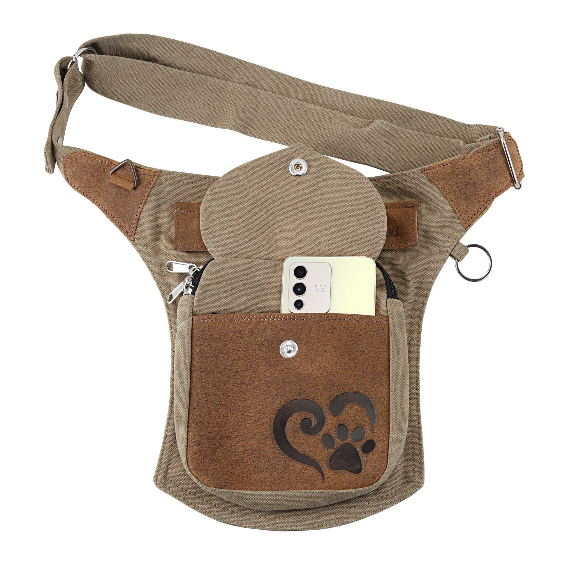 Gassi-Tasche Leder Vintage TAN Wildleder mit Pfotenherzprägung 2