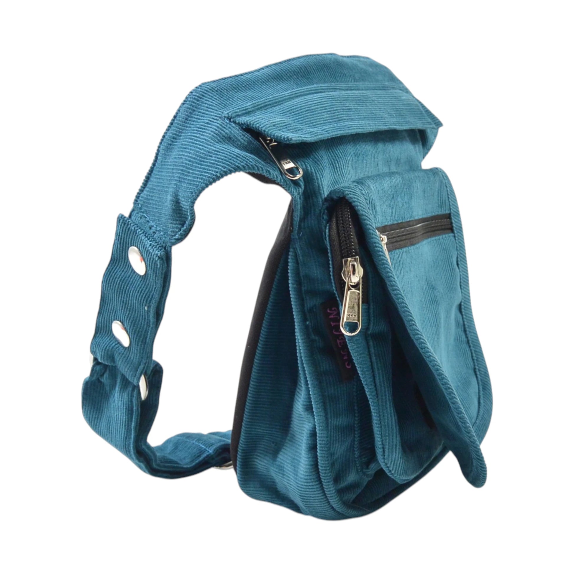 Paris Cord Bauchtasche in Petrol – Hüftgurt verstellbar. Seitenansicht.