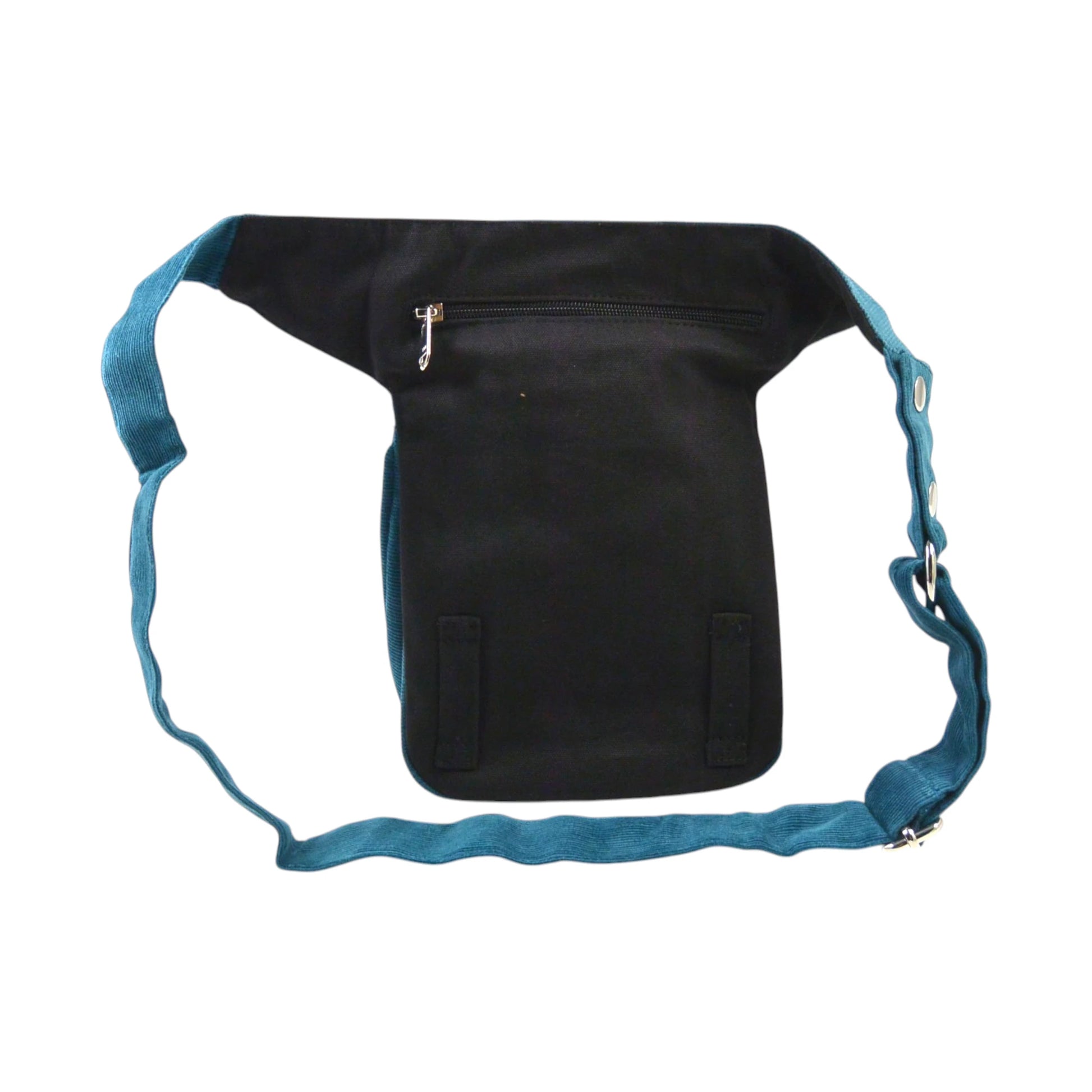 Paris Cord Bauchtasche in Dunkelblau – Hüftgurt verstellbar. Rückseite.