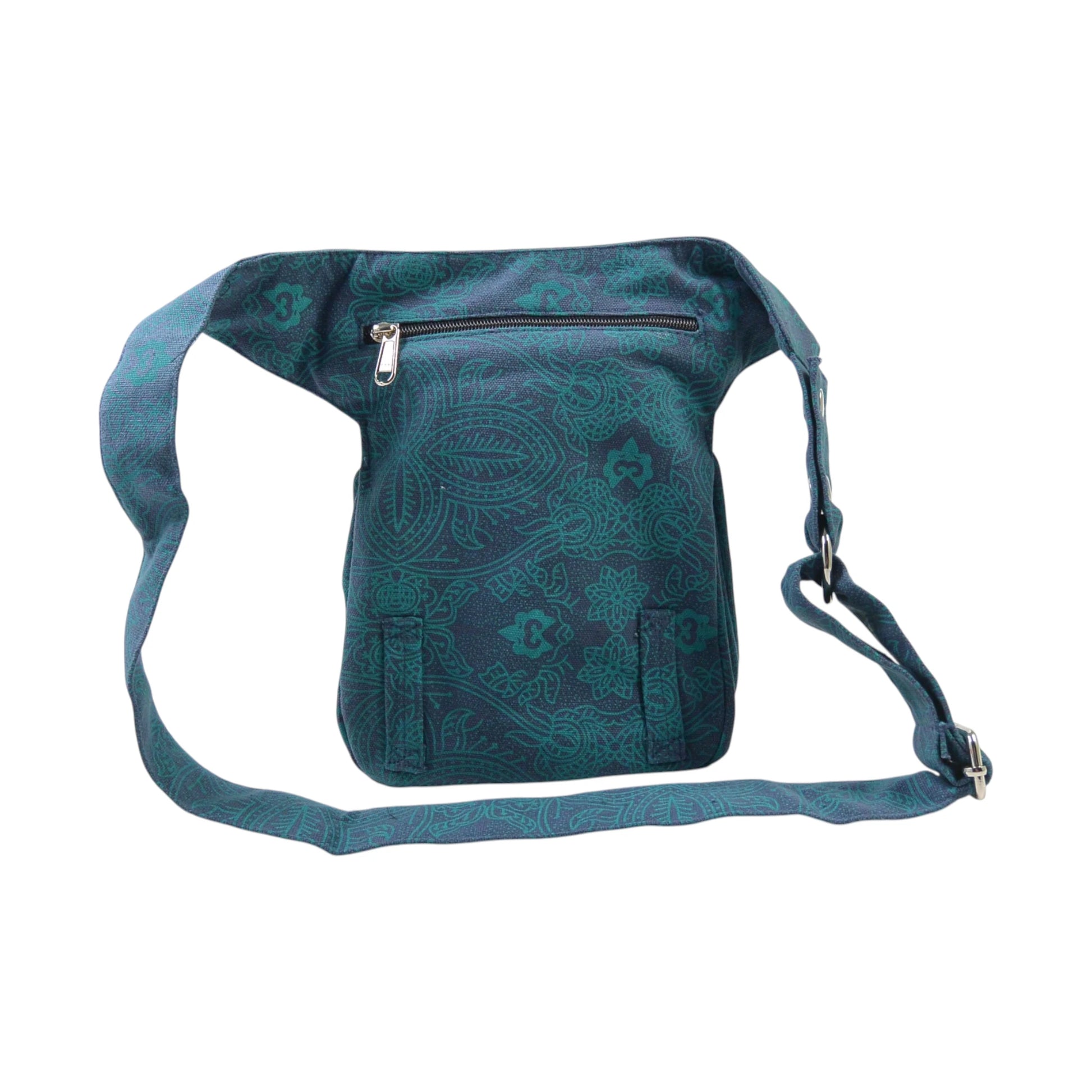 Nijens Paris Bauchtasche in Türkis-Petrol mit Ethno-Print – praktische Hüfttasche mit Reißverschlussfach. Rückseite.