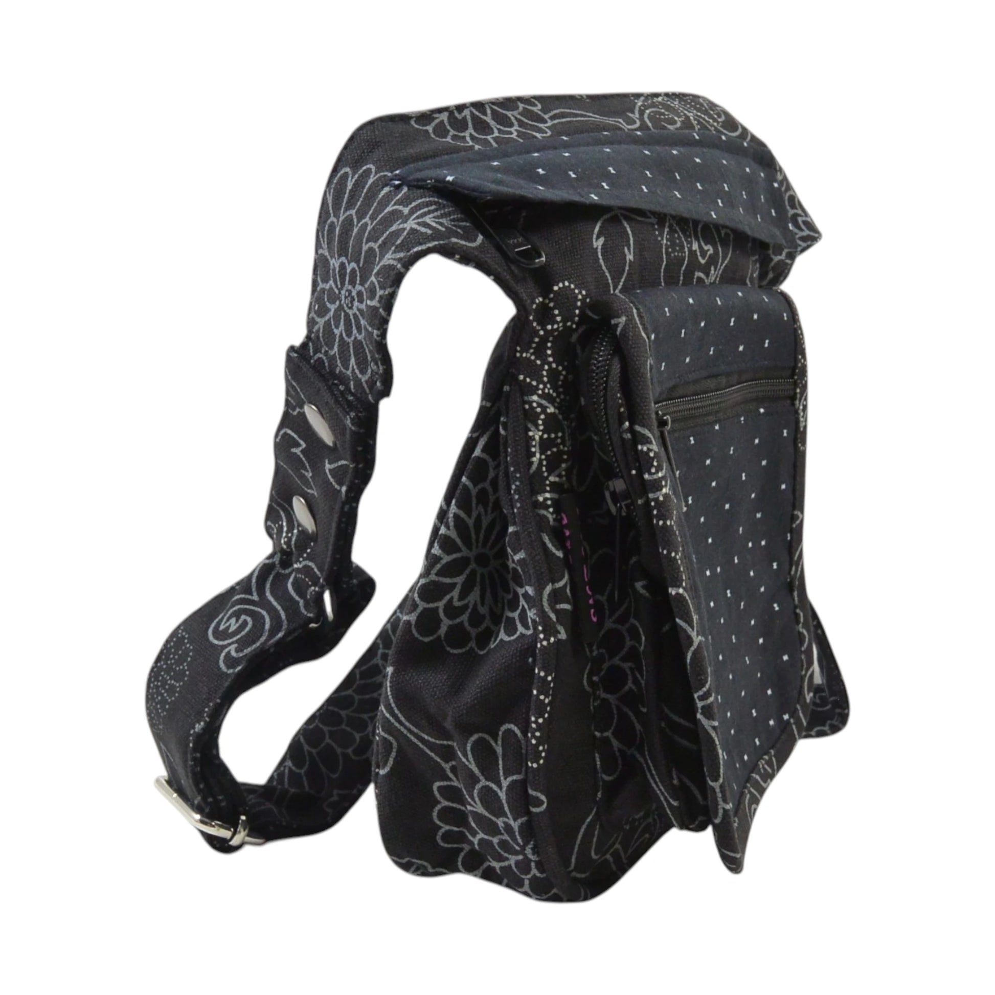 Nijens Paris Bauchtasche aus Canvas mit grauem Blumen-Print – Seitenansicht mit mehreren Reißverschlussfächern