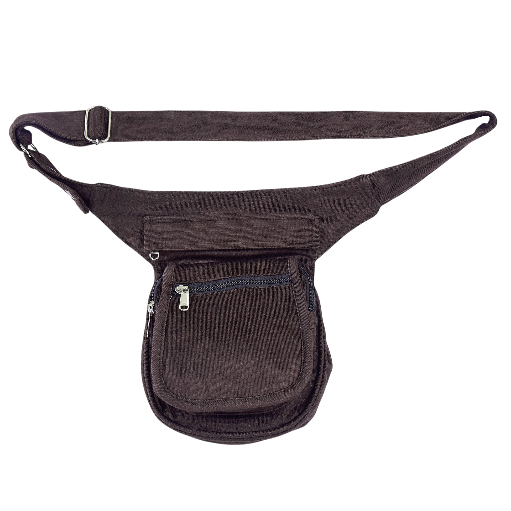 Praktische Cord Hüfttasche in Dunkelbraun. Retro-Look mit viel Stauraum, ideal für Beruf & Konzerte.