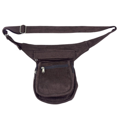 Praktische Cord Hüfttasche in Dunkelbraun. Retro-Look mit viel Stauraum, ideal für Beruf & Konzerte.