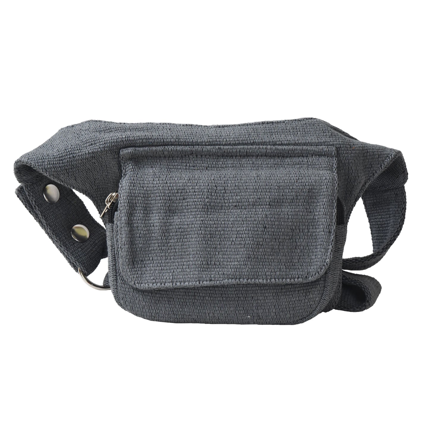 Nijens Bauchtasche Dublin aus Stoff in Grau, Frontansicht mit geschlossener Klappe und verstellbarem Hüftgurt.