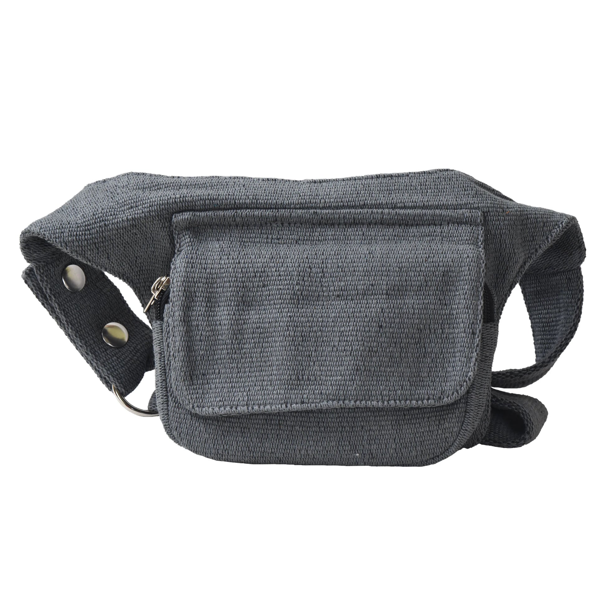 Nijens Bauchtasche Dublin aus Stoff in Grau, Frontansicht mit geschlossener Klappe und verstellbarem Hüftgurt.
