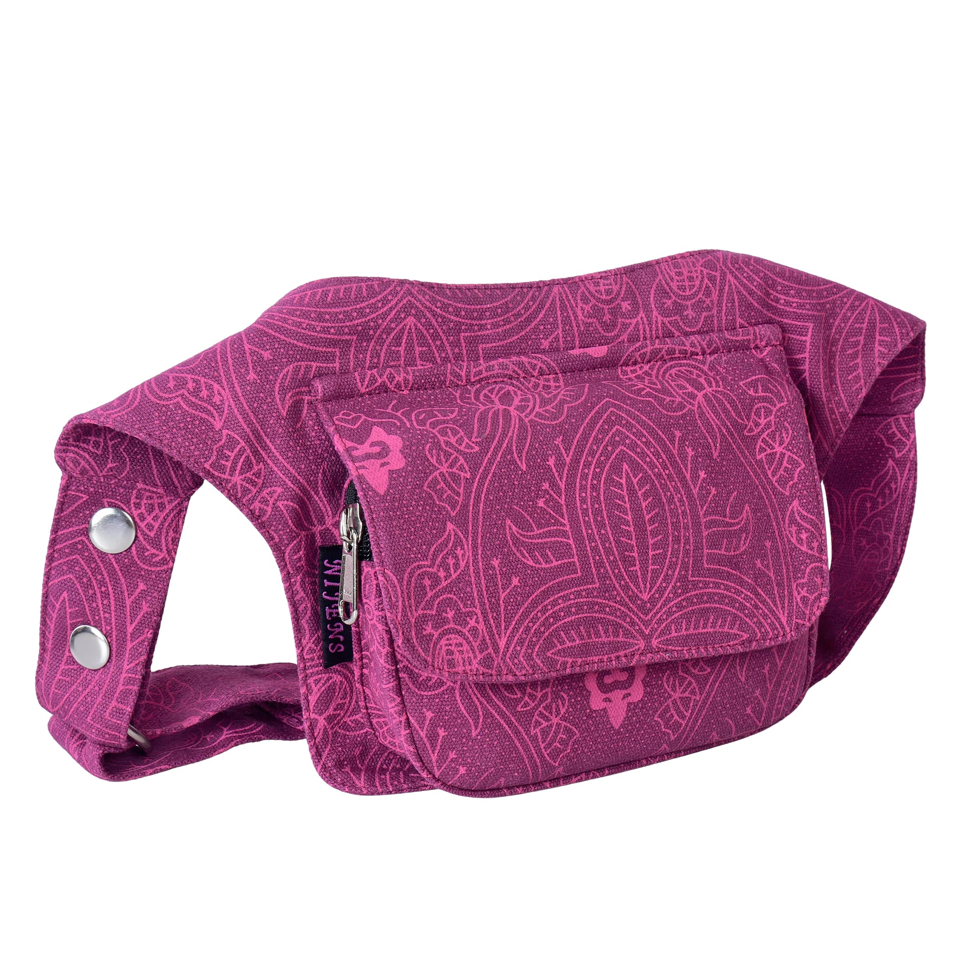 Nijens Bauchtasche Dublin aus Stoff in Fuchsia mit floralem Muster, Seitenansicht.
