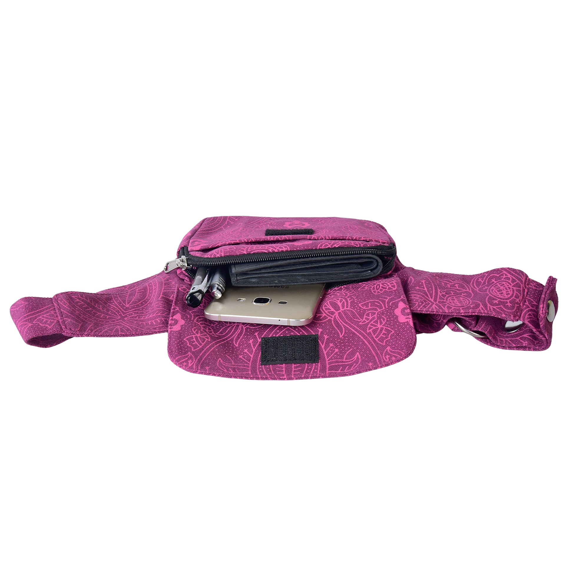 Offene Nijens Bauchtasche aus 100% Baumwolle, zeigt Hauptfach mit Geldbörse, Handy und Stift, Fuchsia-Muster.