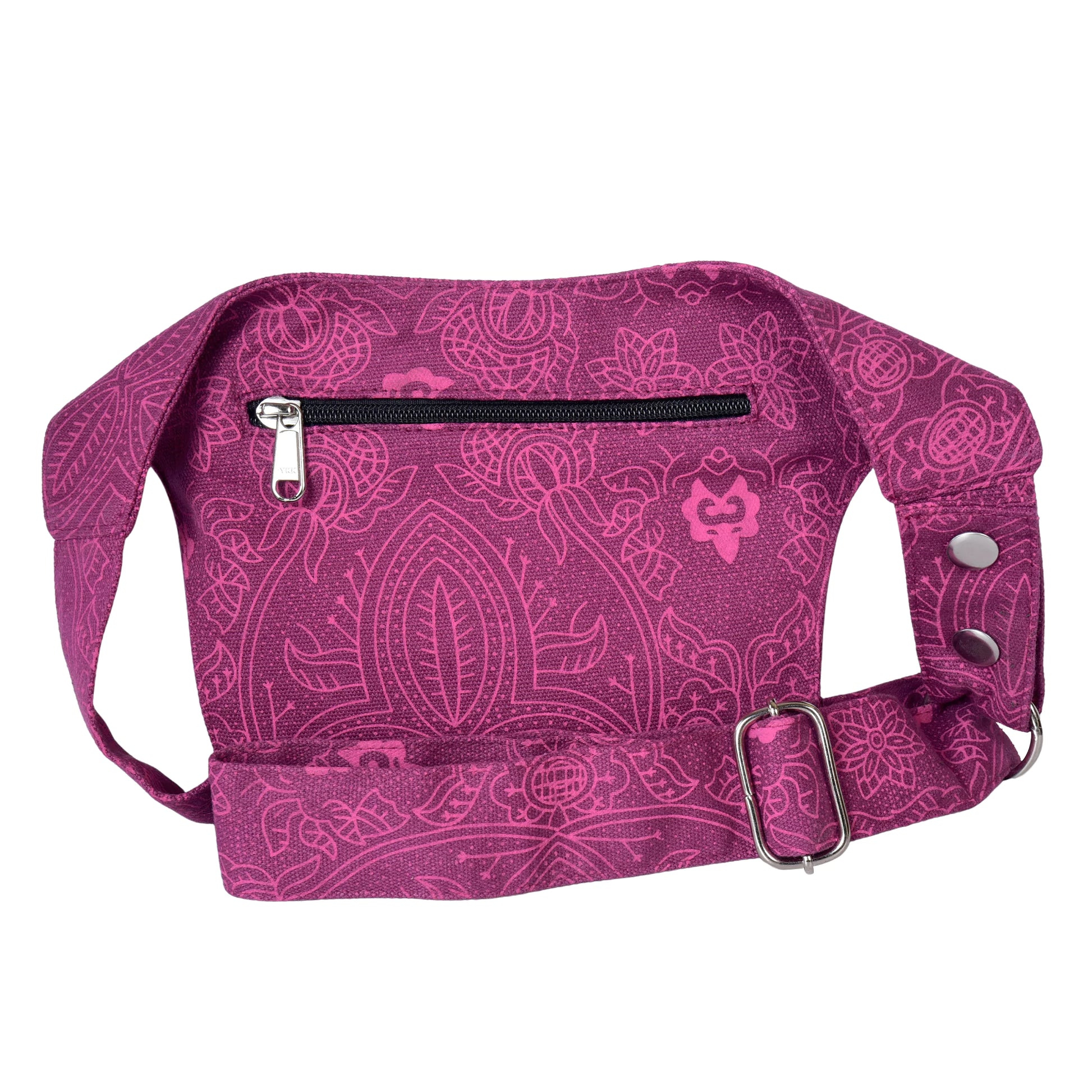 Nijens Bauchtasche aus 100% Baumwolle Fuchsia, Rückseite mit langer verstellbarer Gurt sichtbar.
