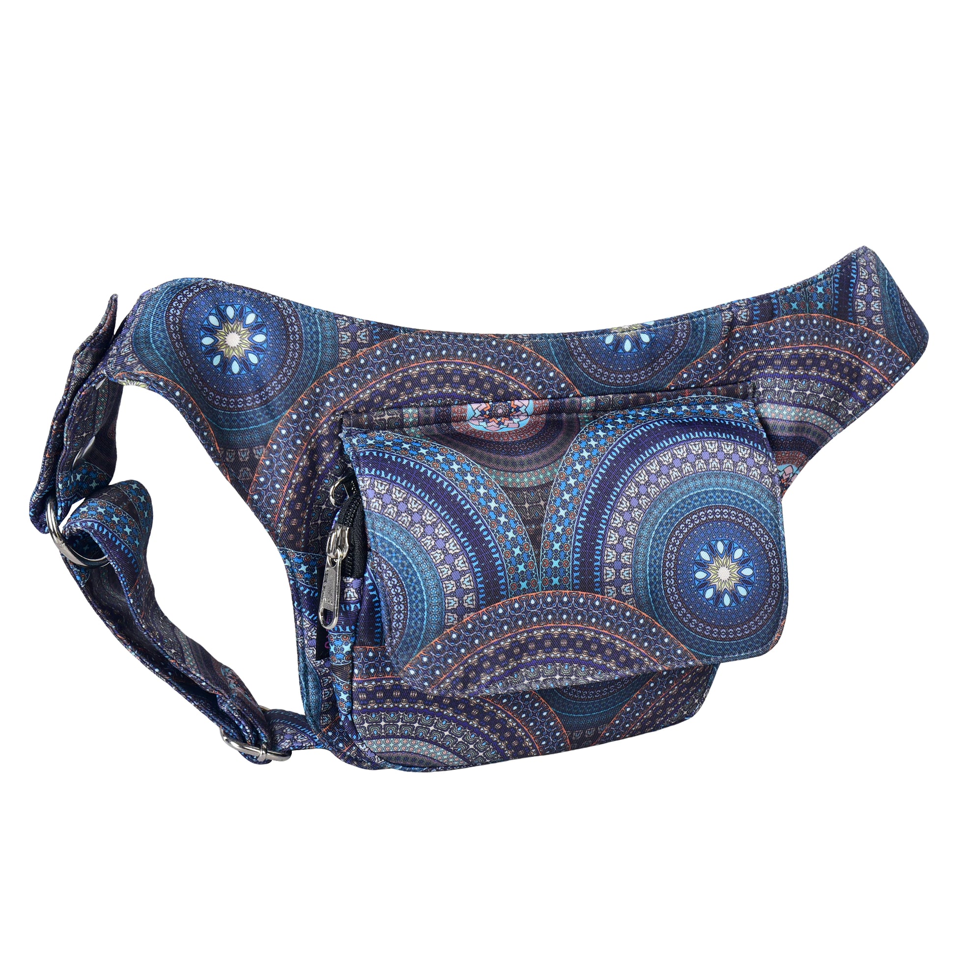 Nijens Hüfttasche Dublin in Blau mit Mandala-Muster, Seitenansicht mit Reißverschlussfach und verstellbarem Gurt auf weißem Hintergrund.