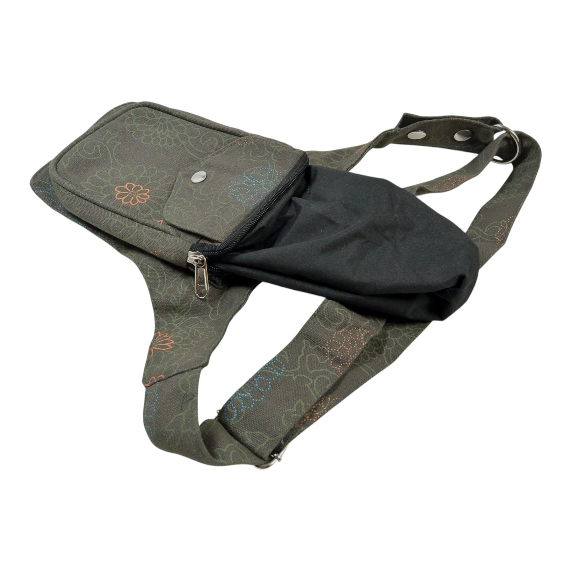 Tasche mit herausgezogenem Stoff/Beutel: Hamburg Gassi-Tasche olivgrün mit Blumenmuster und herausziehbarem Innenfutter für einfache Reinigung