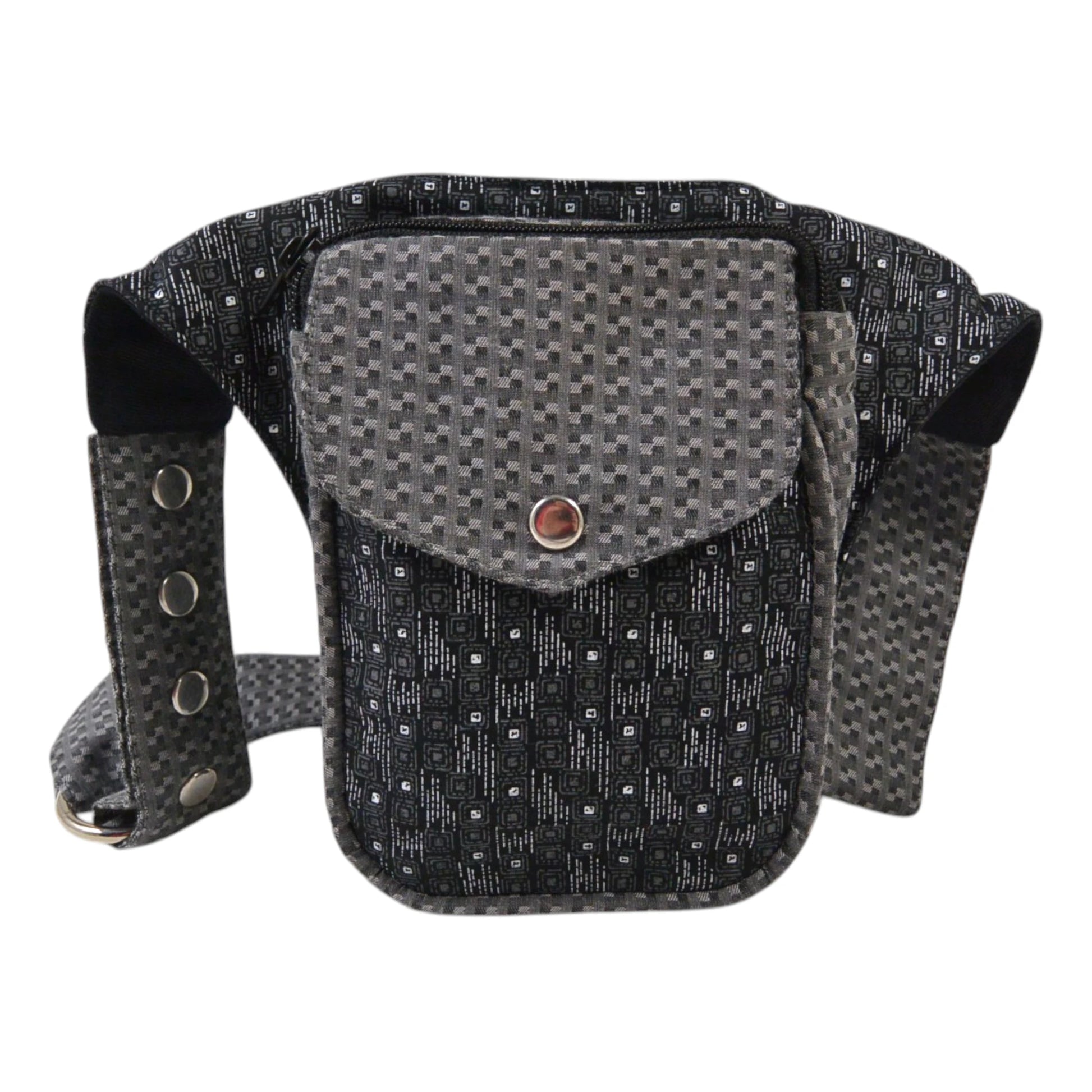 Nijens Hamburg Hüfttasche schwarz-grau mit geometrischem Muster und Druckknopffach, kompakte Bauchtasche für Spaziergänge